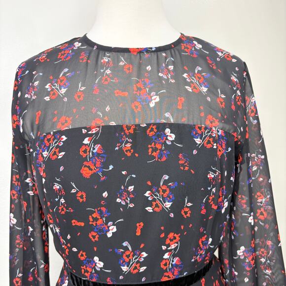 Lulus S Mini Dress Black Long Sleeve Floral Chiffon Ruffle Pleat Sheer Cottage - Picture 8 of 14